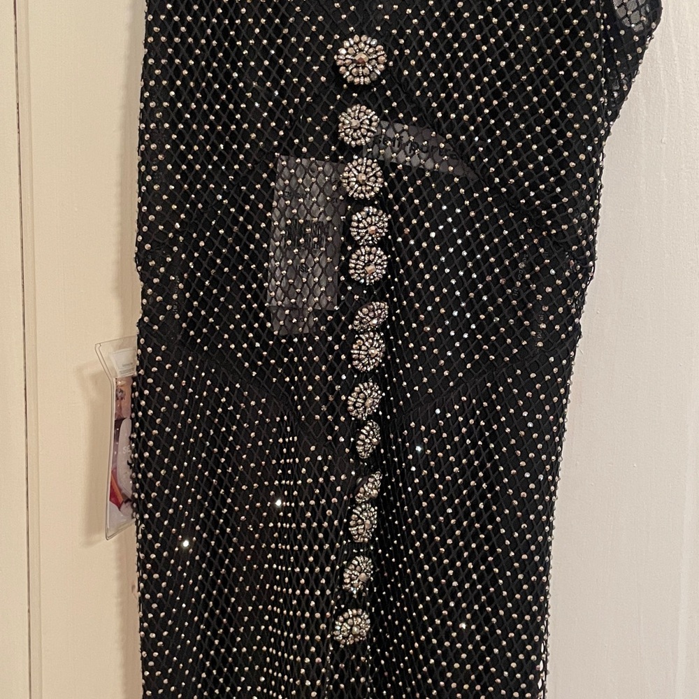 New Self Portrait Black Rhinestone Fishnet Crossover Midi Dress size US 4 - Picture 7 of 17